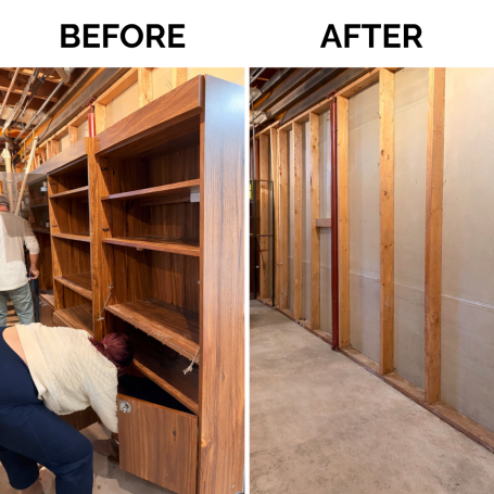 Before and after basement cleanout showing removal of built-in shelving and unwanted items