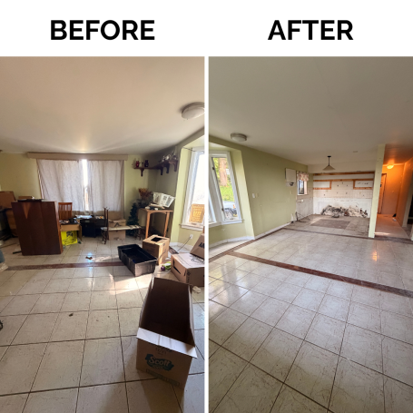 Before and after living room cleanout showing cleared space and removed clutter