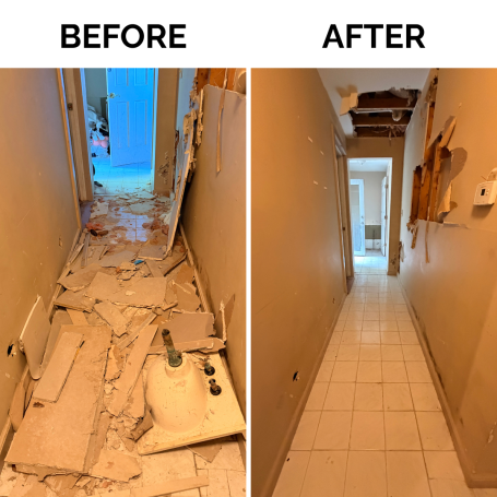 Before and after interior demolition project with debris removed and hallway cleared