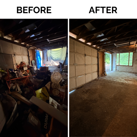 Before and after garage cleanout with unwanted items removed and space reclaimed