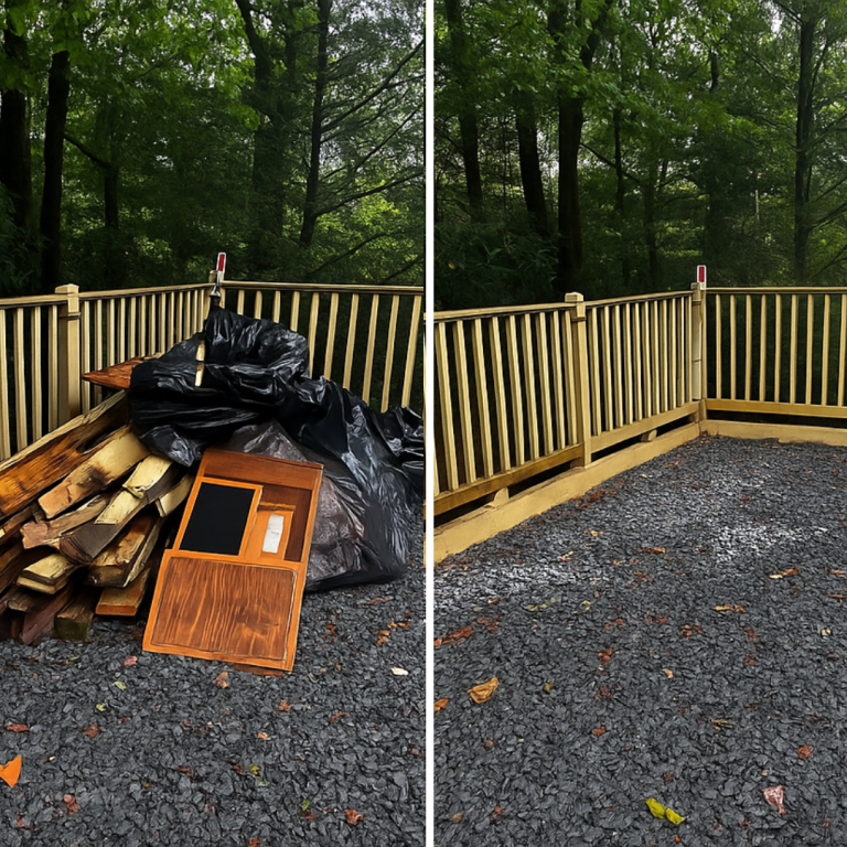Before and after comparison showing a completed junk removal and property cleanout project