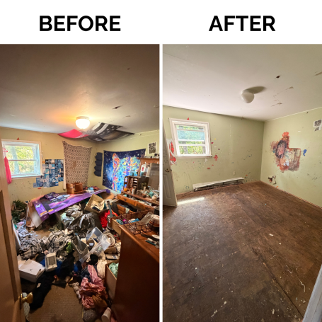 Before and after room cleanout showing removal of furniture, trash, and unwanted items
