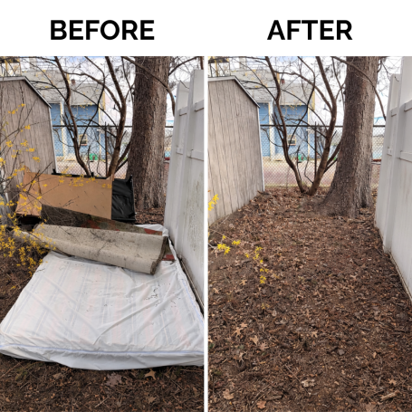 Before and after yard debris removal project completed by Just Junk It