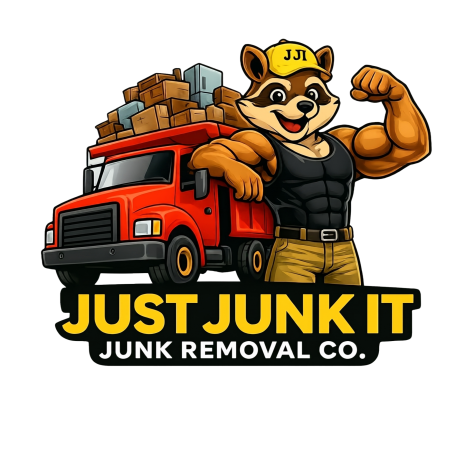 Just Junk It Junk Removal Co. logo featuring a raccoon mascot and junk removal truck