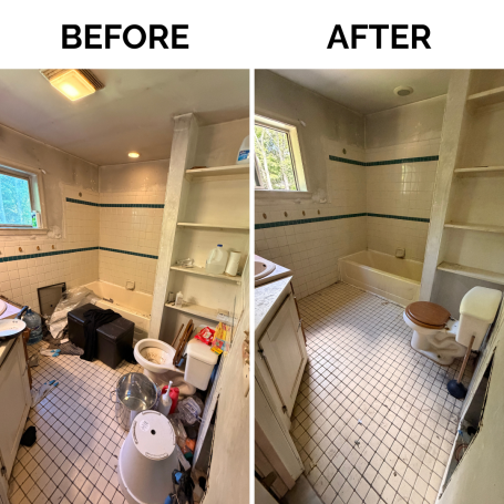 Before and after bathroom cleanout showing removed clutter and cleaned space