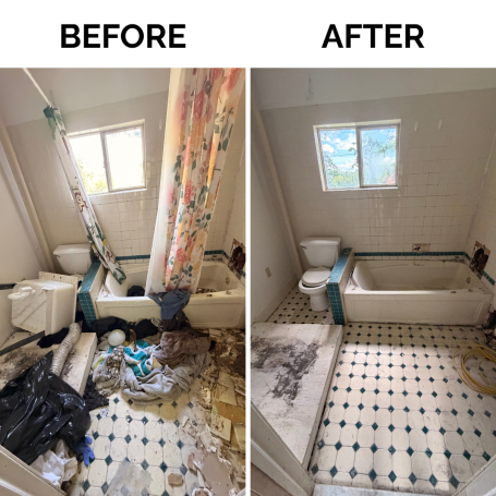 Before and after bathroom cleanout showing removal of unwanted items and debris